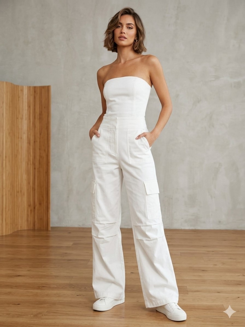 Zara Strapless Cargo Wide-Leg Jumpsuit in White